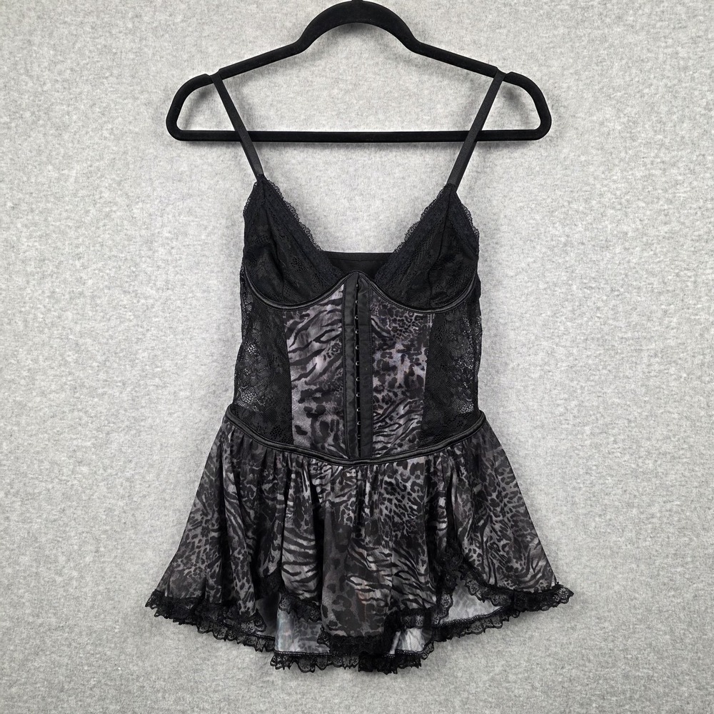 Corset Teddy‎ bodysuit Womens M Black Lace Animal Print Babydoll Lingerie Sheer